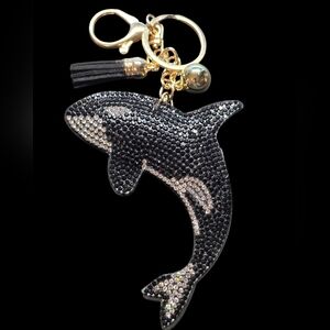 Black and Gold Rhinestone Orca Bag Charm Keychain
